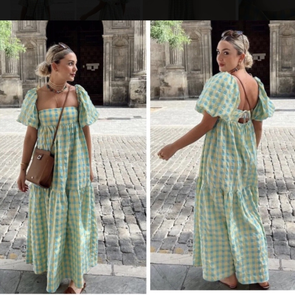 Zara Yellow and Light Blue Gingham Midi Dress